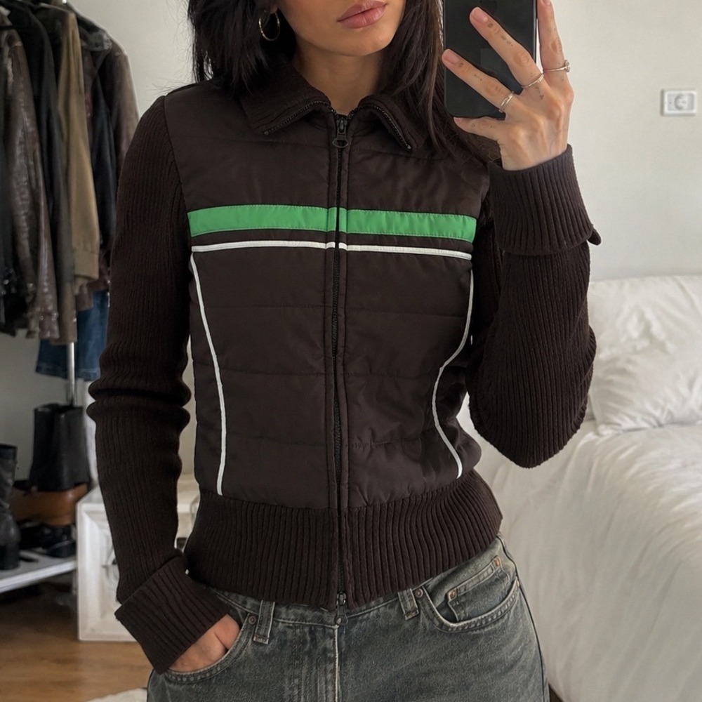 Y2k Brown Knit Puffer Mixed Media Full Zip Cardigan Sweater Vtg M preppy